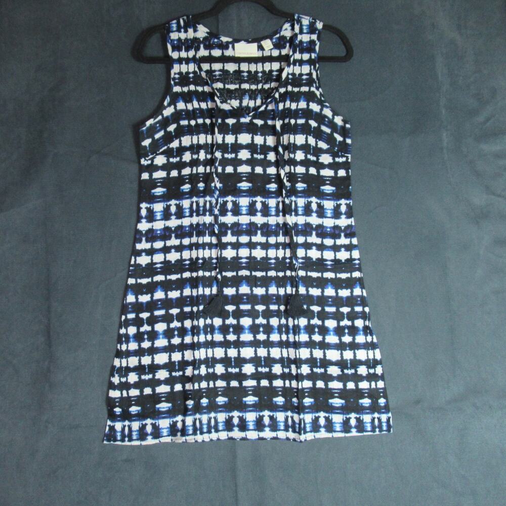 Cynthia Rowley Dress Womens 4 Blue White Graphic 100% Linen Sleeveless Shift Lux